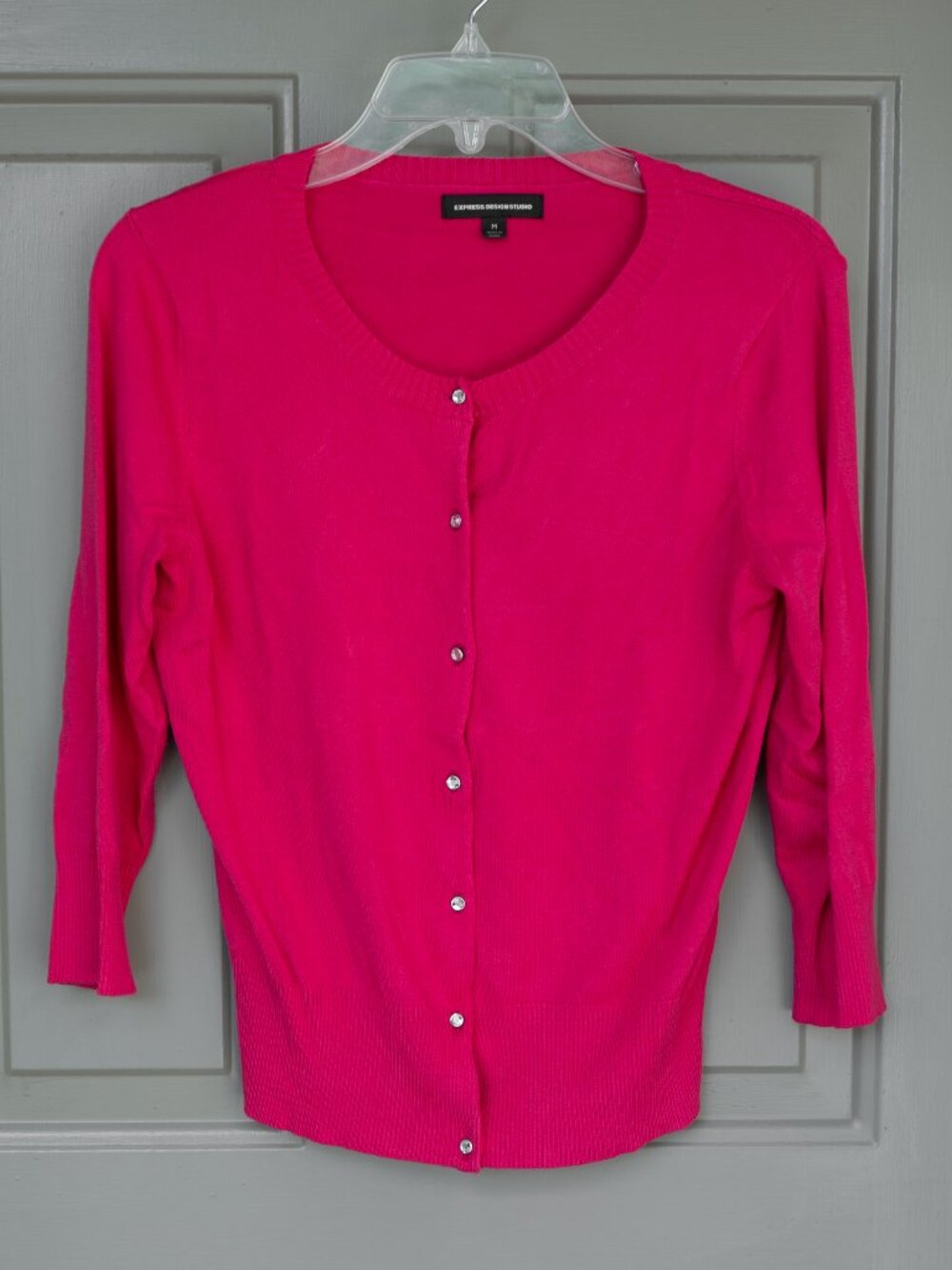Express Pink Cardigan Twee Jewel Button Front Coquette Girl Corproate 3/4 Sleeve